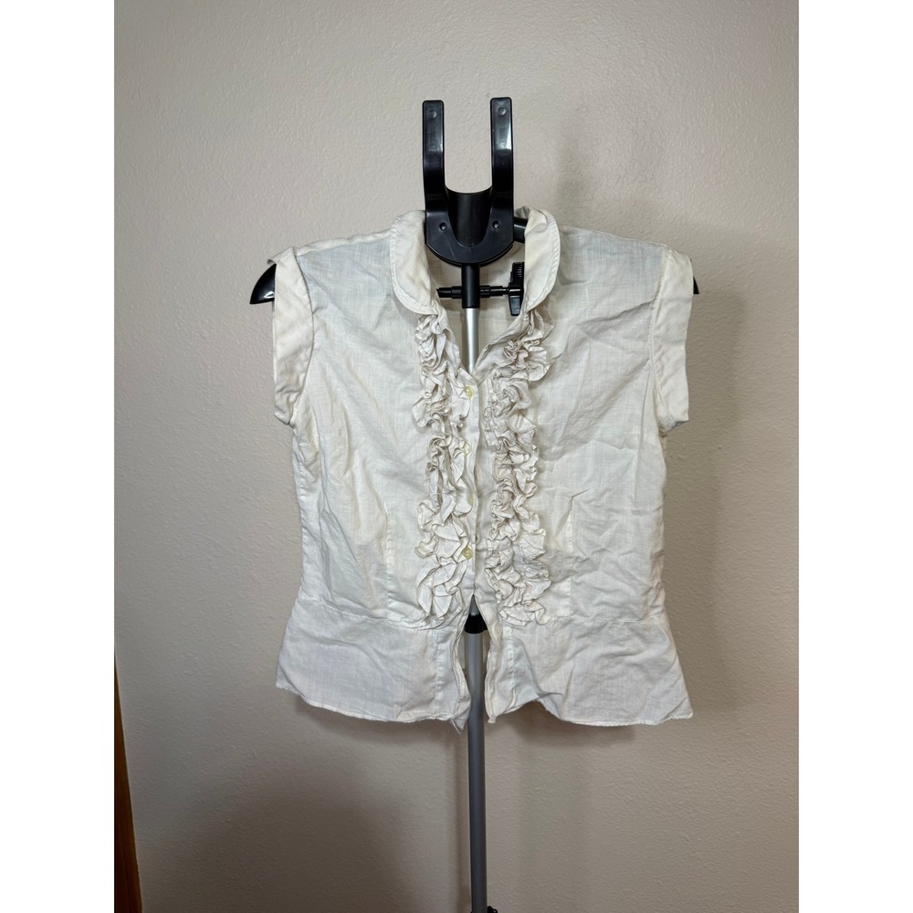 Vintage Bobbie James Ruffle Front Sleeveless Blouse Off White Cream Size 16